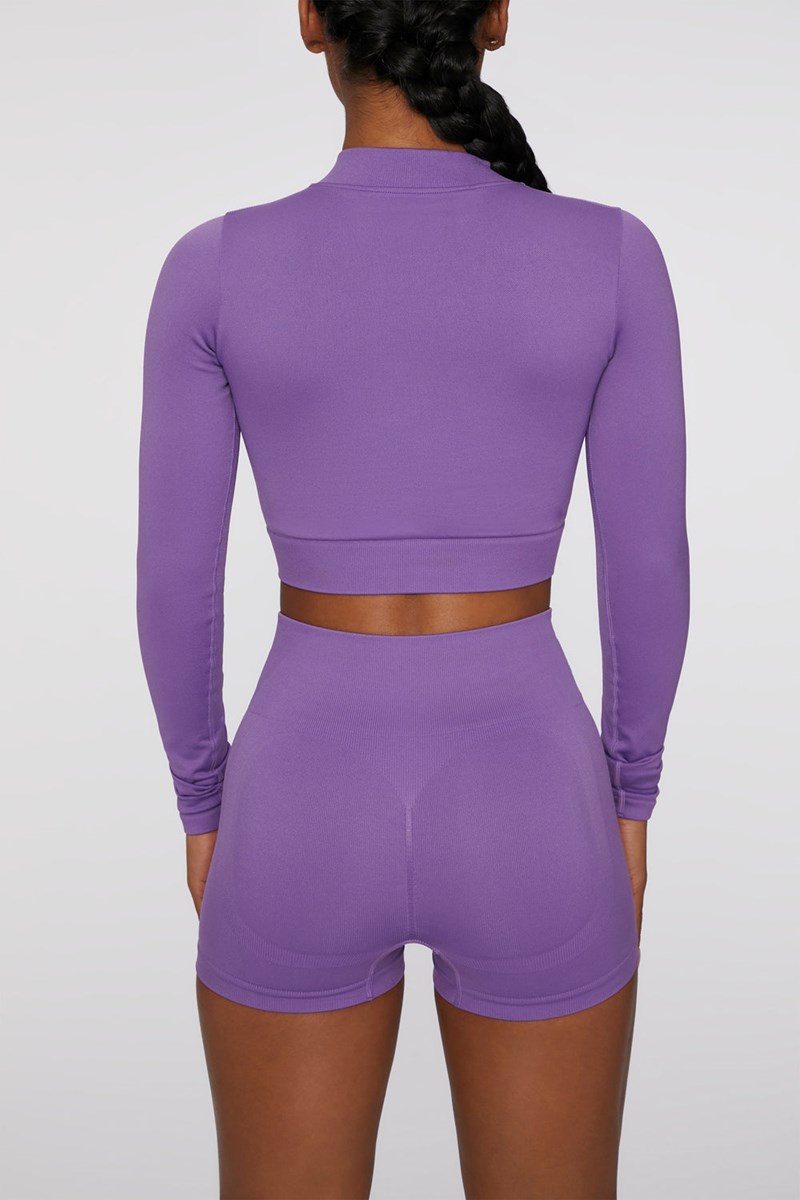 Bo+Tee Reach For It Seamless Long Sleeve Zip Up Crop Top Moradas | WDPZ72461