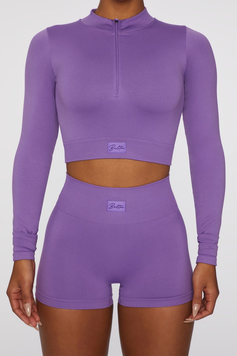 Bo+Tee Reach For It Seamless Long Sleeve Zip Up Crop Top Moradas | WDPZ72461