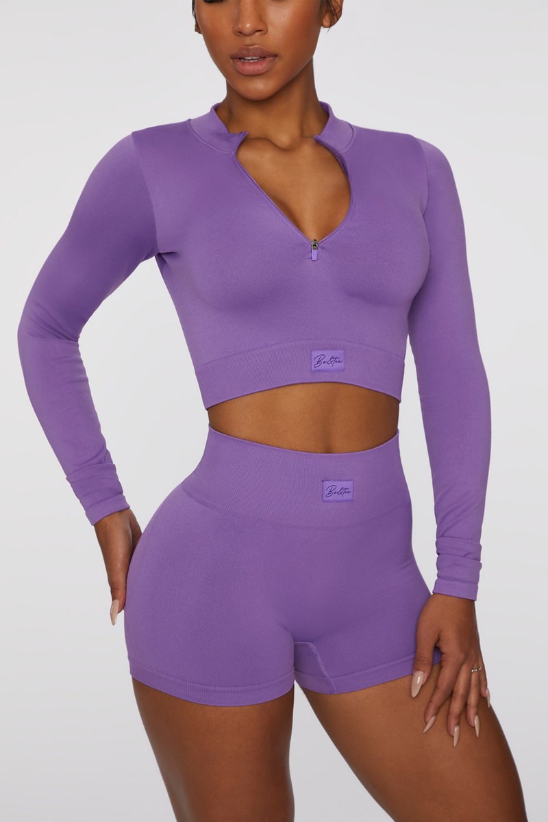 Bo+Tee Reach For It Seamless Long Sleeve Zip Up Crop Top Moradas | WDPZ72461