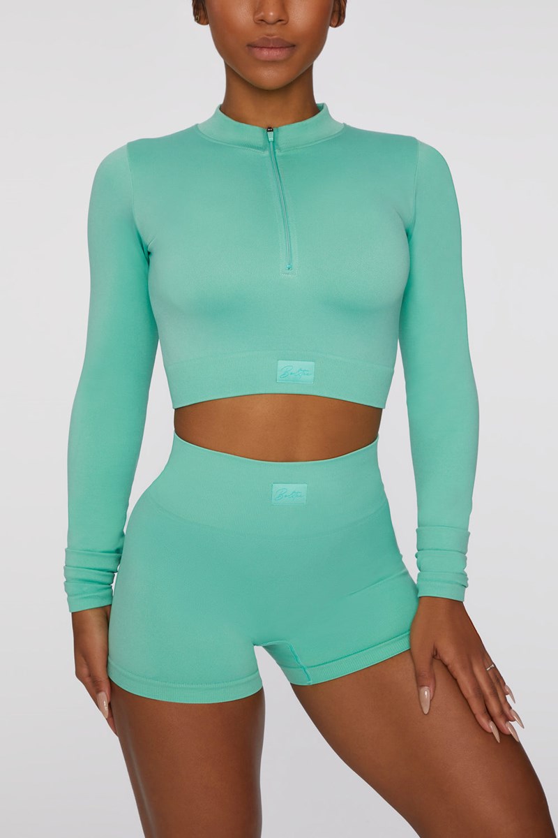 Bo+Tee Reach For It Seamless Long Sleeve Zip Up Crop Top Turquesa | XBFC23689