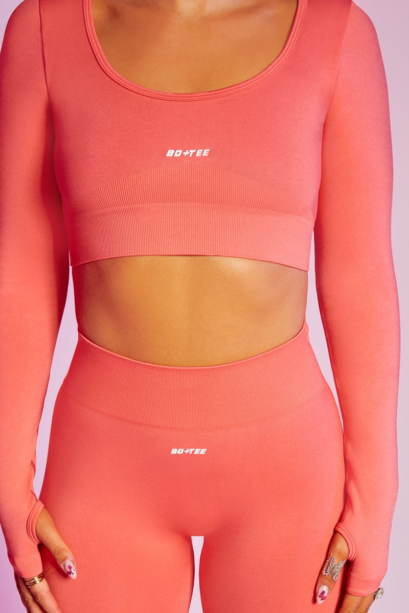 Bo+Tee Reignited Long Sleeve Scoop Neck Crop Top Coral | GVTI17805