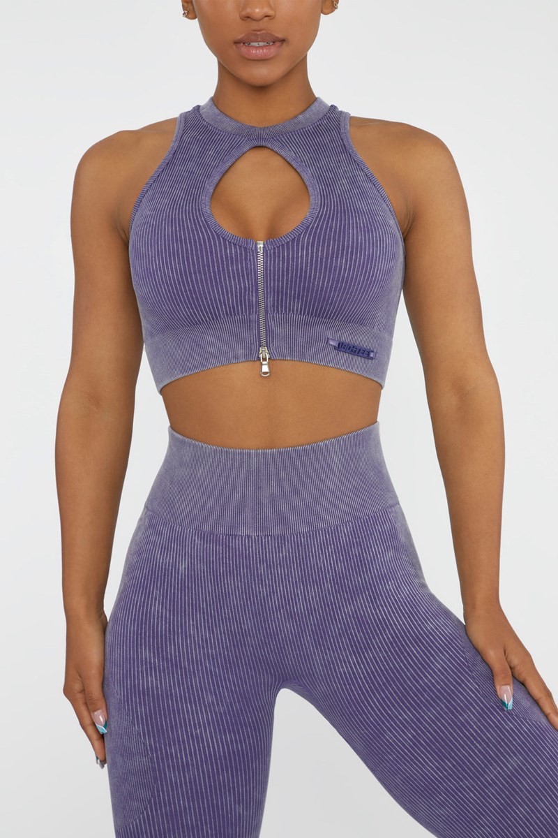 Bo+Tee Relay Keyhole Zip Crop Top Violet | YRBL39056