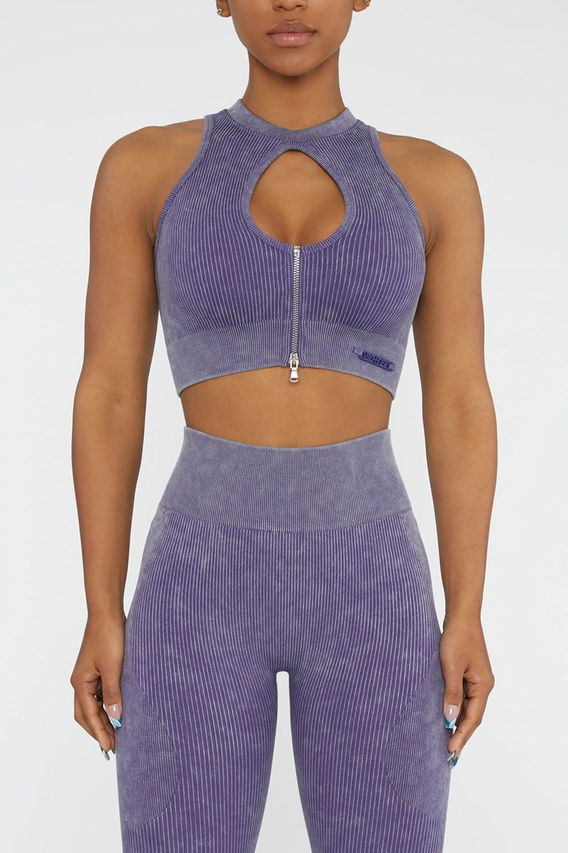 Bo+Tee Relay Keyhole Zip Crop Top Violet | YRBL39056