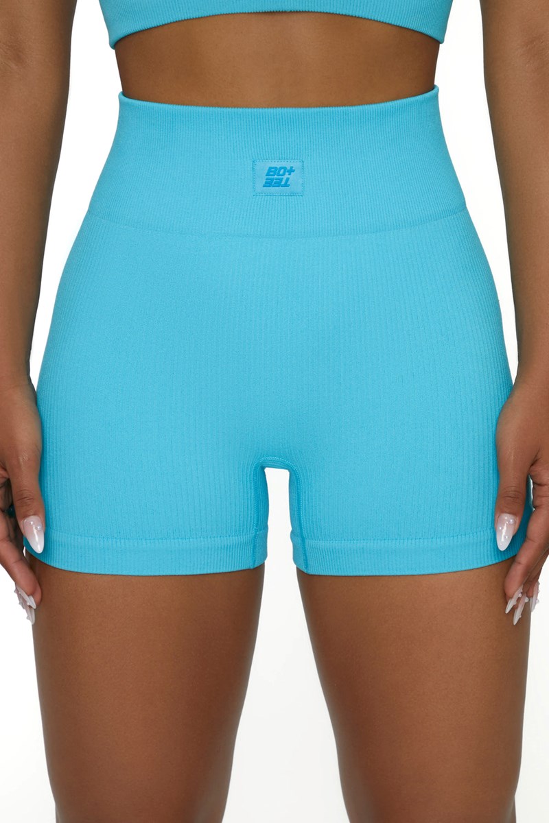 Bo+Tee Run For It Acanalado High Cintura Mini Shorts Azules | LMAC74653