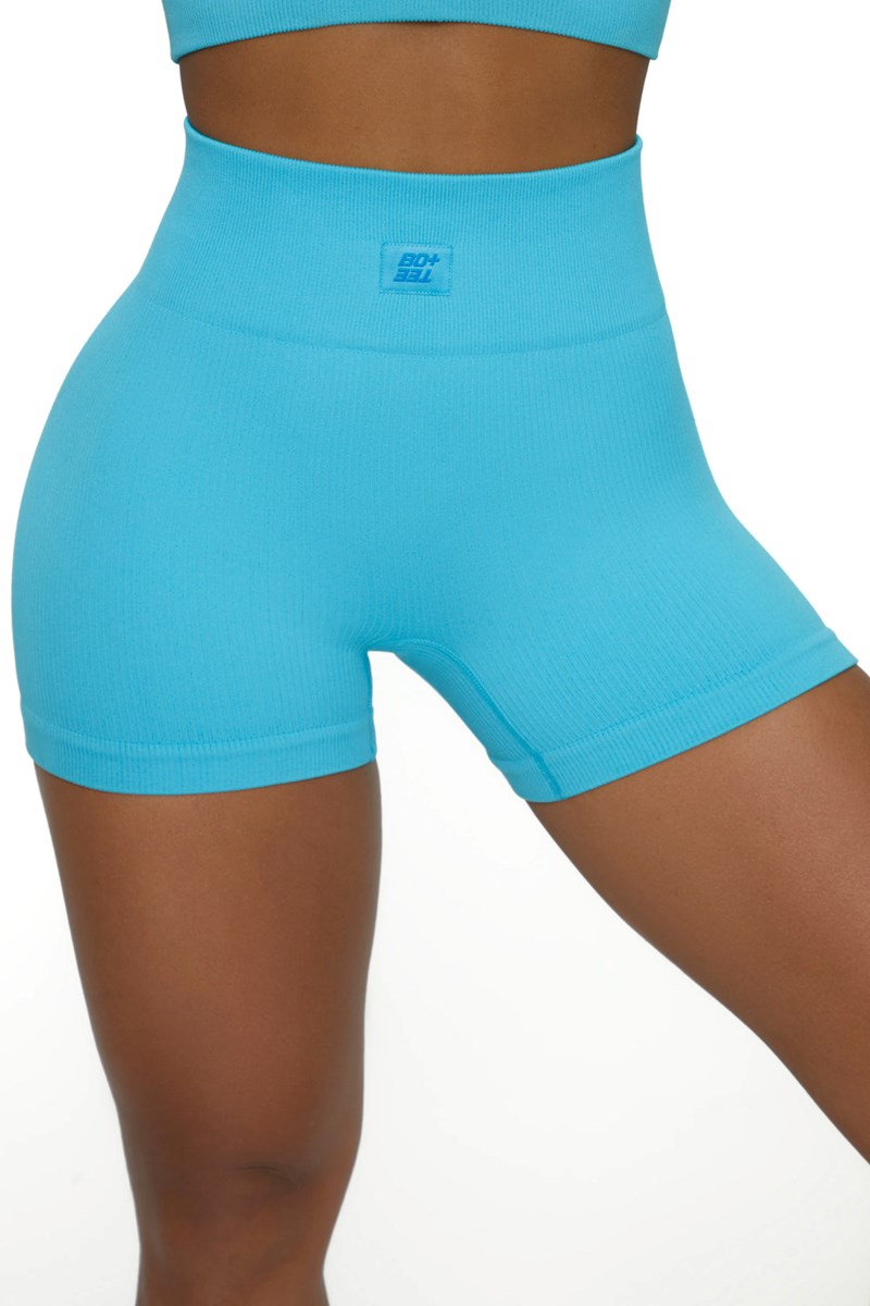 Bo+Tee Run For It Acanalado High Cintura Mini Shorts Azules | LMAC74653