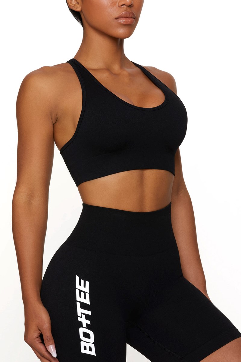 Bo+Tee Strength Plunge Neckline Sports Bra Negras | HNYA97431