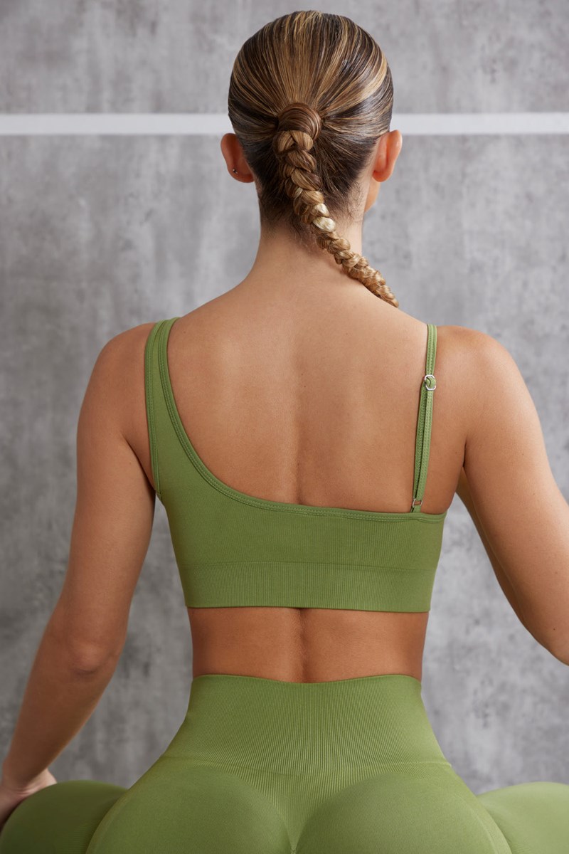 Bo+Tee Stretch Asymmetric Sports Bra Verde Oliva | LVST54910