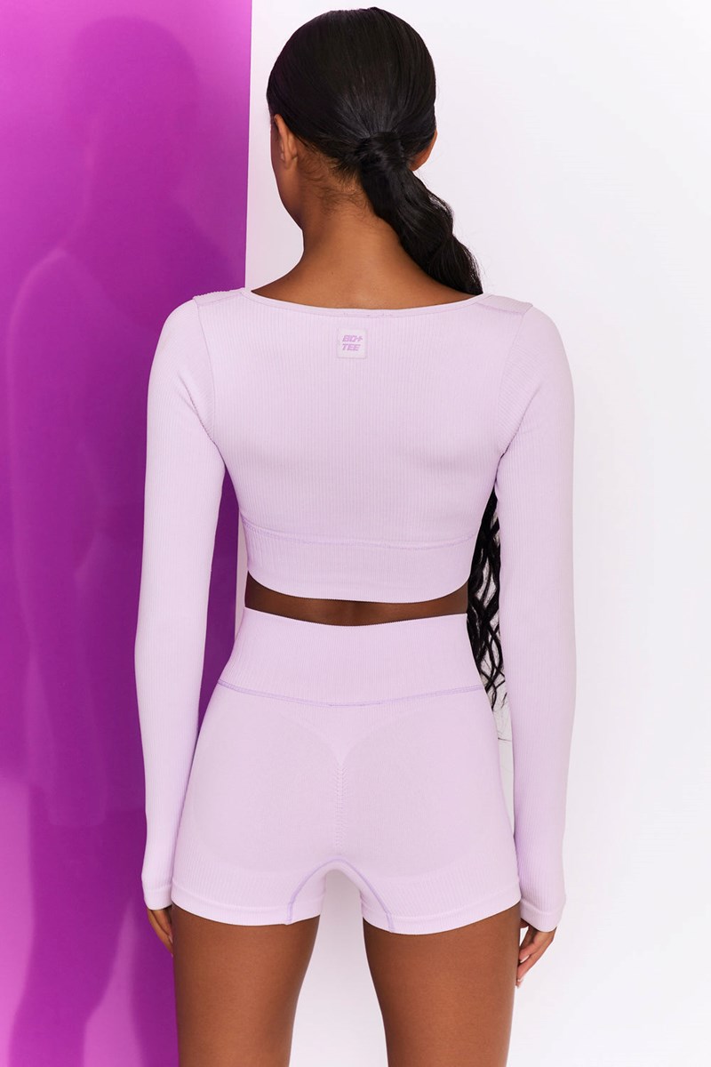 Bo+Tee Time Check Acanalado Long Sleeve Crop Top Lilac | EYIB21903