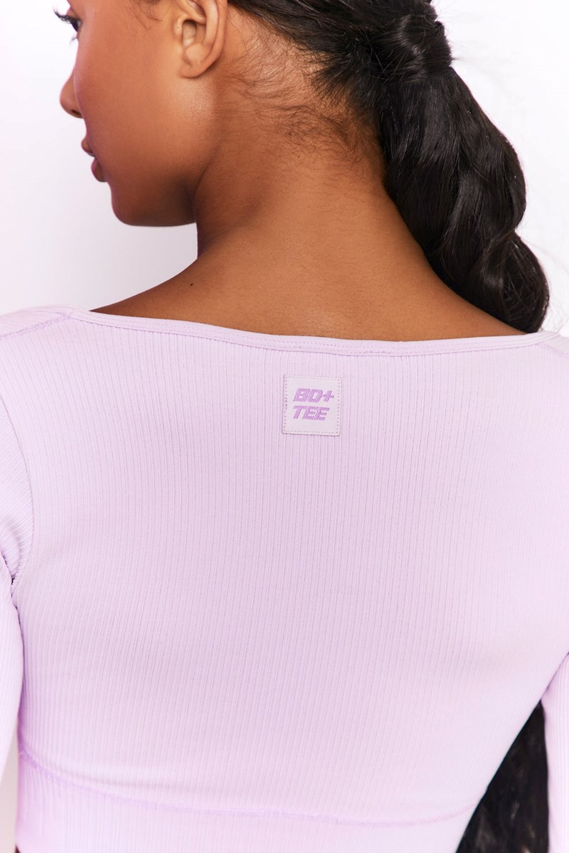 Bo+Tee Time Check Acanalado Long Sleeve Crop Top Lilac | EYIB21903