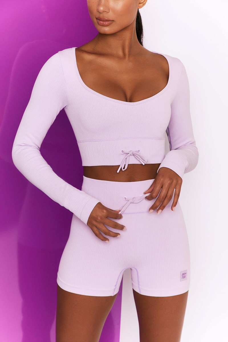 Bo+Tee Time Check Acanalado Long Sleeve Crop Top Lilac | EYIB21903