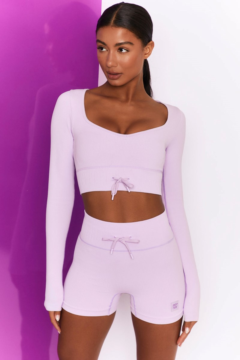 Bo+Tee Time Check Acanalado Long Sleeve Crop Top Lilac | EYIB21903