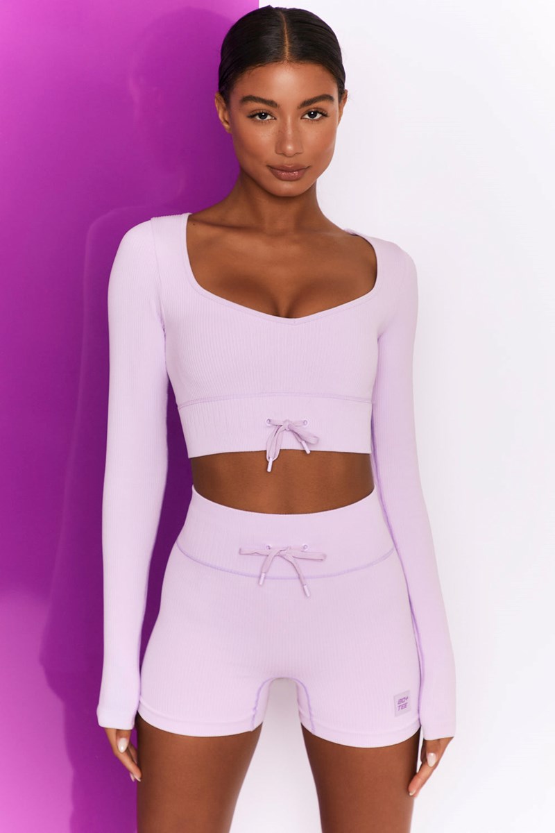 Bo+Tee Time Check Acanalado Long Sleeve Crop Top Lilac | EYIB21903