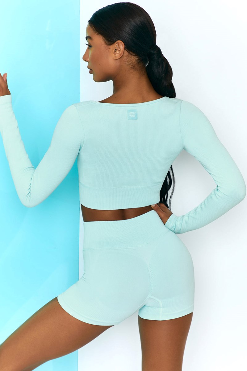 Bo+Tee Time Check Acanalado Long Sleeve Crop Top Azules Claro | FIKS52974