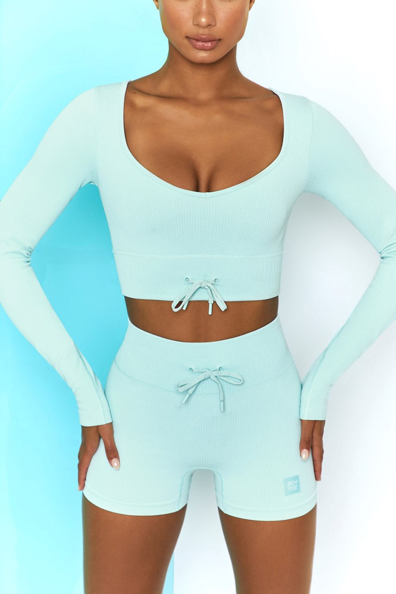 Bo+Tee Time Check Acanalado Long Sleeve Crop Top Azules Claro | FIKS52974