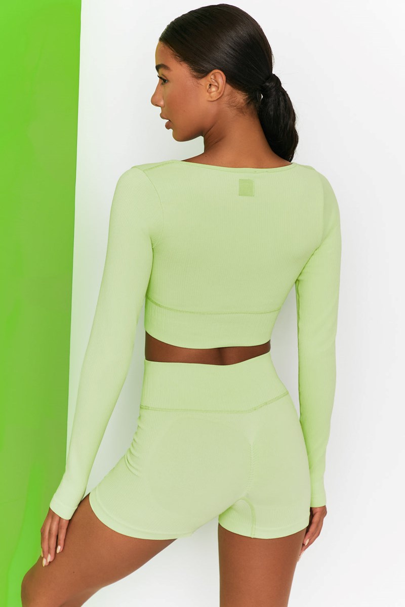 Bo+Tee Time Check Acanalado Long Sleeve Crop Top Lime | FSEV85914