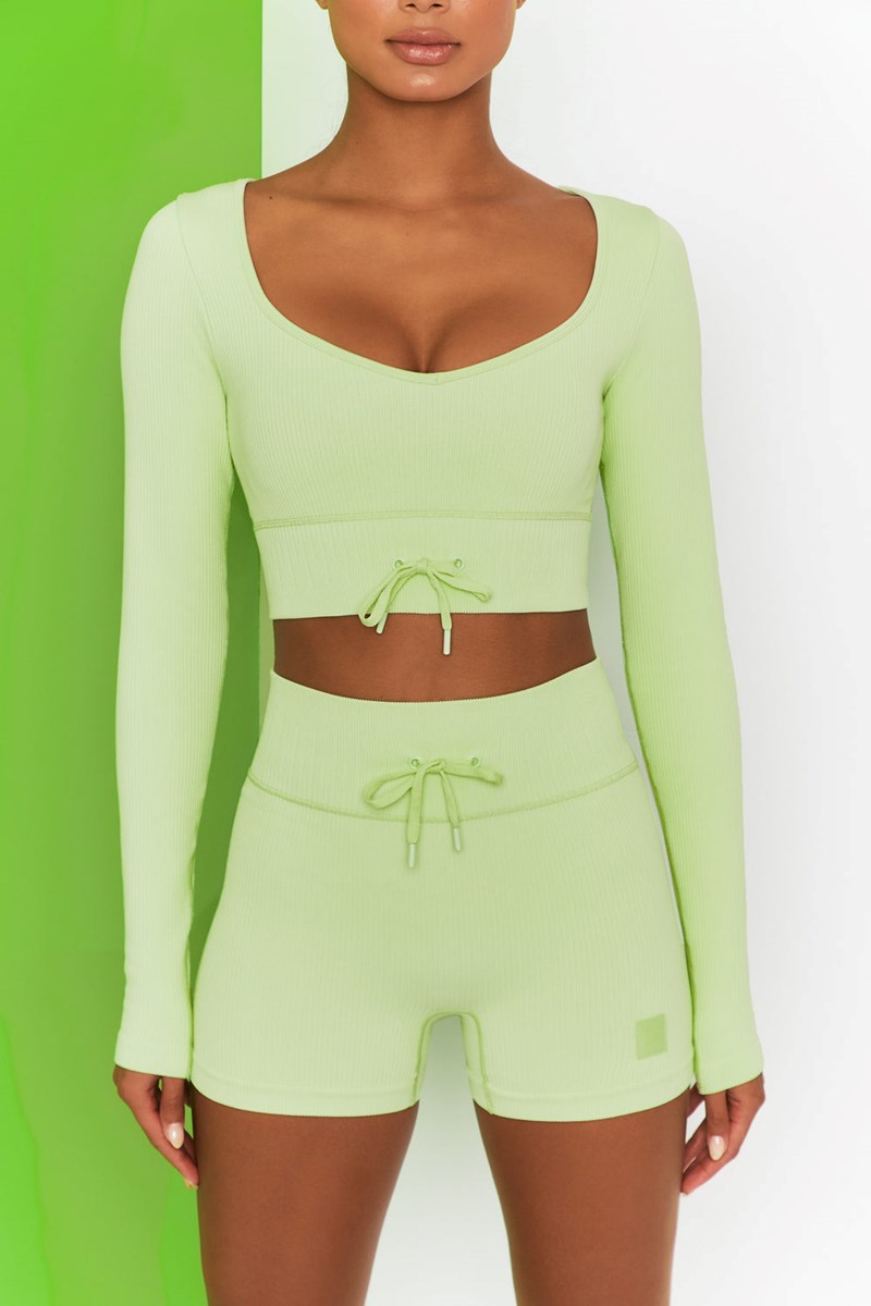 Bo+Tee Time Check Acanalado Long Sleeve Crop Top Lime | FSEV85914