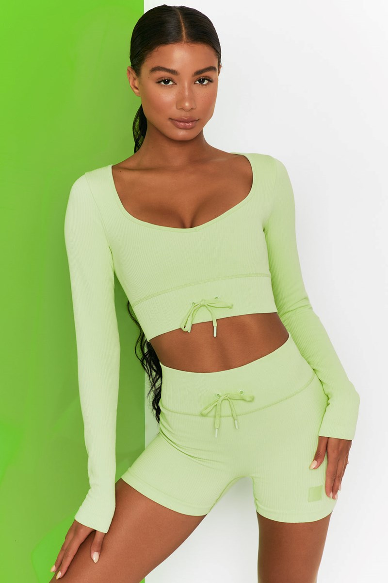 Bo+Tee Time Check Acanalado Long Sleeve Crop Top Lime | FSEV85914