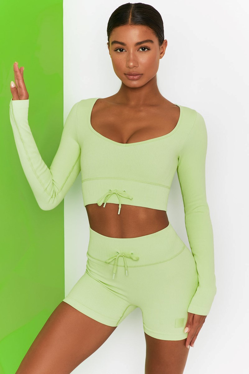 Bo+Tee Time Check Acanalado Long Sleeve Crop Top Lime | FSEV85914