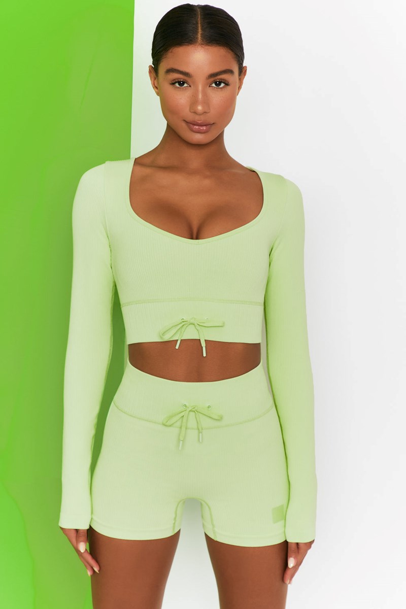 Bo+Tee Time Check Acanalado Long Sleeve Crop Top Lime | FSEV85914