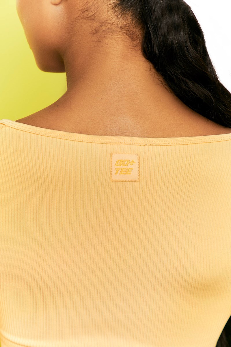 Bo+Tee Time Check Acanalado Long Sleeve Crop Top Amarillo | JRTV17402