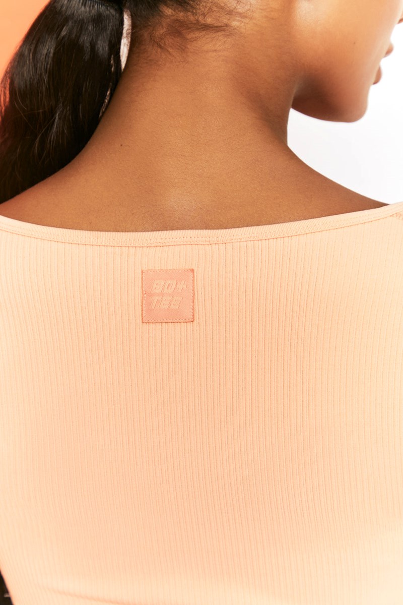 Bo+Tee Time Check Acanalado Long Sleeve Crop Top Peach | MDBN69251