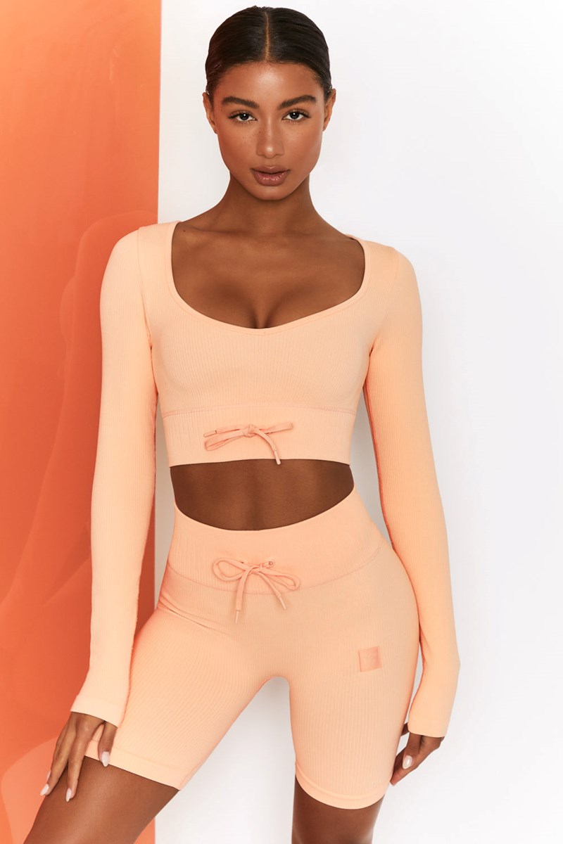 Bo+Tee Time Check Acanalado Long Sleeve Crop Top Peach | MDBN69251