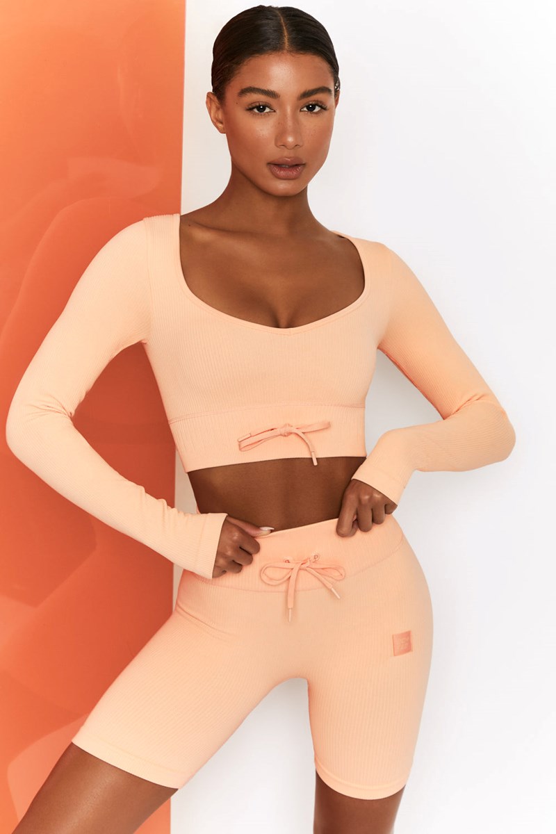 Bo+Tee Time Check Acanalado Long Sleeve Crop Top Peach | MDBN69251