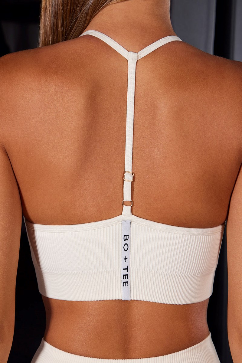 Bo+Tee Uplifted Scoop Neck Halter Sports Bra Ivory | OUYW10369